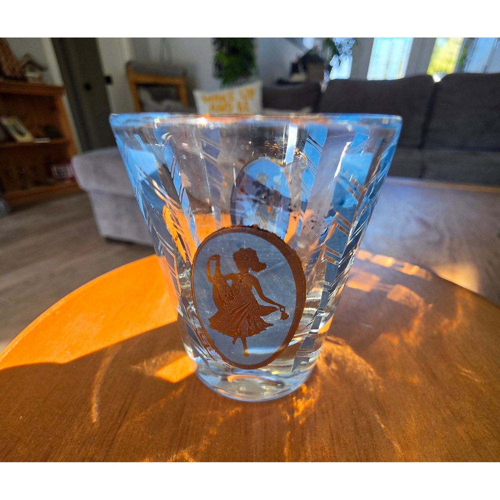 Rare Blue Vtg Cera Glass Cora Shot Glass MCM 22k Gold Neoclassical Silhouette
